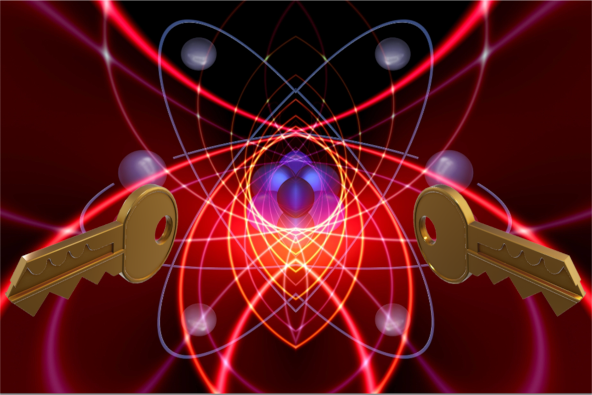 Symbolische Darstellung der Quantenverscghlüsselung: 2 Haustürschlüssl und Quanten.