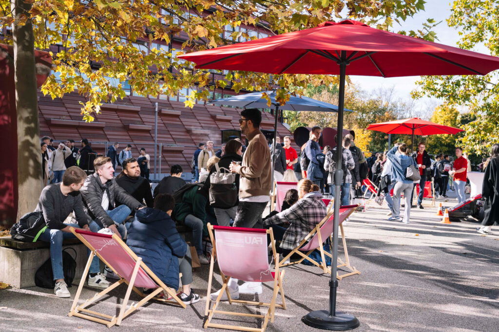 Studierende sitzen gemeinsam auf Lieegestühlen und Parkbänken in der Sonne.