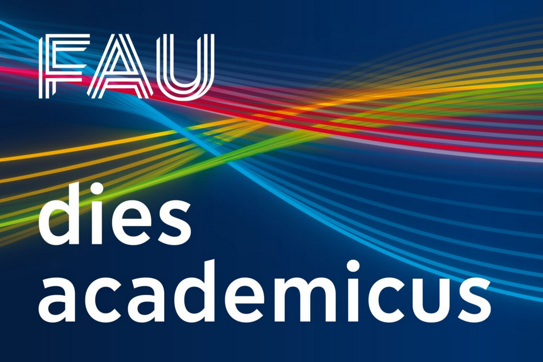 Text "dies academicus" auf buntem Hintergrund mit FAU-Logo