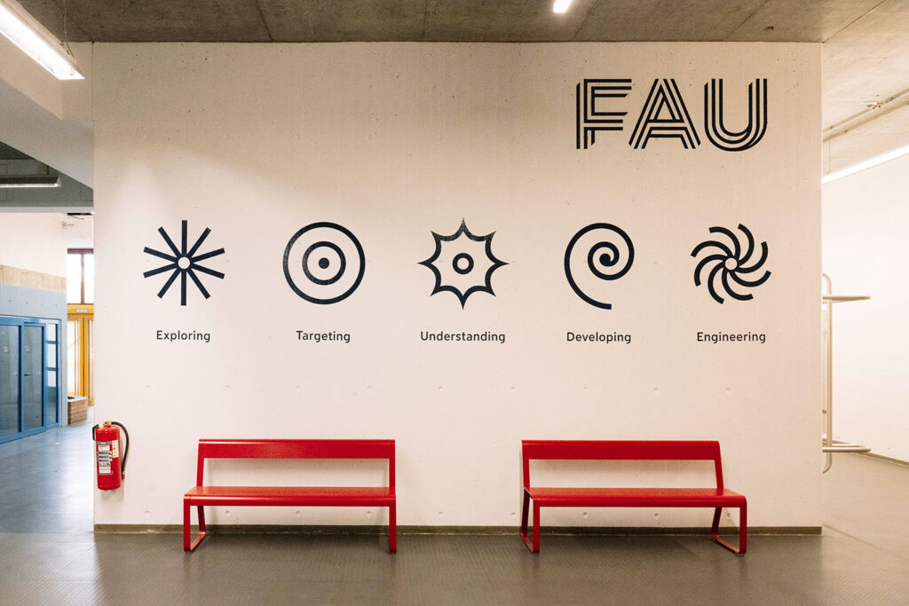 Vor einer weißen Wand stehen zwei rote Stühle. An der Wand sind die Forschungsschwerpunkte und das FAU Logo angebracht.