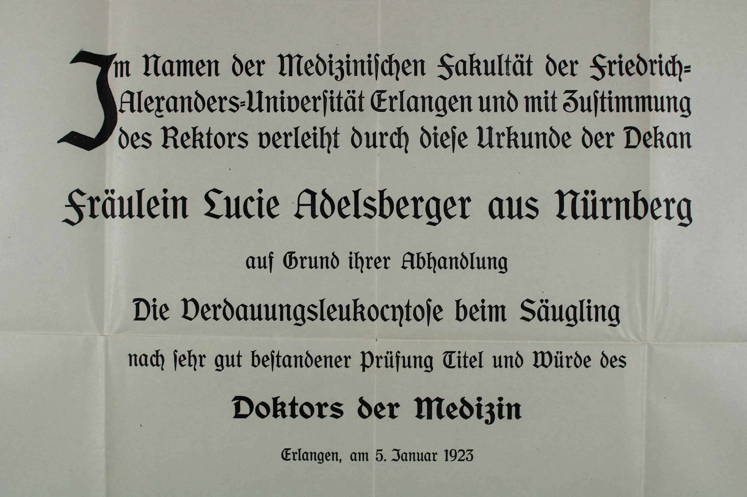 Lucie Adelbergers Promotionsurkunde aus dem Jahr 1923 (Bild: FAU)