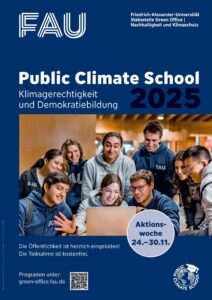 Überschrift Public Climate School und im Hintergrund mehrere junge Menschen vor einem Laptop