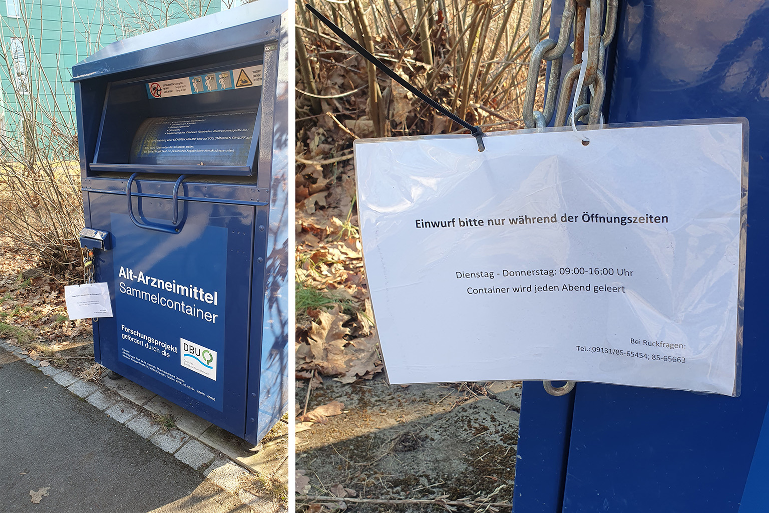 Altarzneimittel-Sammelcontainer an der FAU in Erlangen