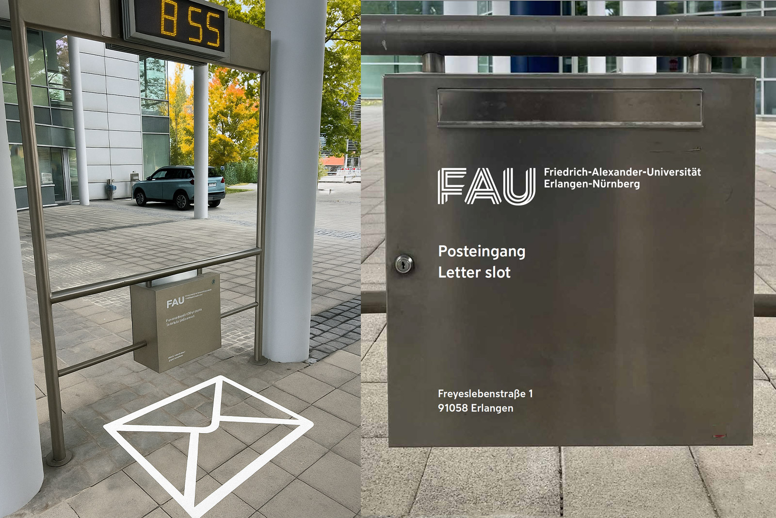Zwei Bilder nebeneinander zeigen den Briefkasten in der Freyeslebenstraße 1 in Erlangen.