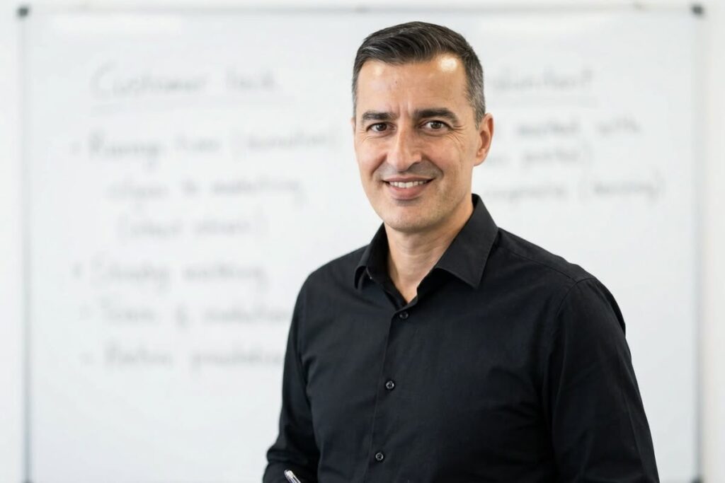 Serhat Gökce steht vor einer Tafel und lacht in die Kamera