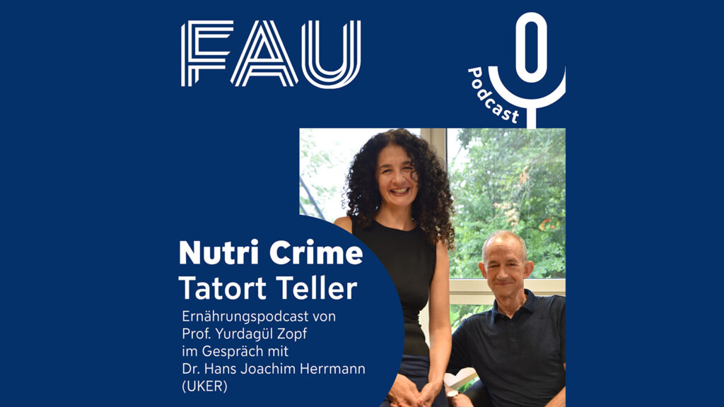Podcast Cover Nutri Crime: Auf blauem Hintergrund steht der Titel des Podcasts und ein Bild der beiden Hosts.