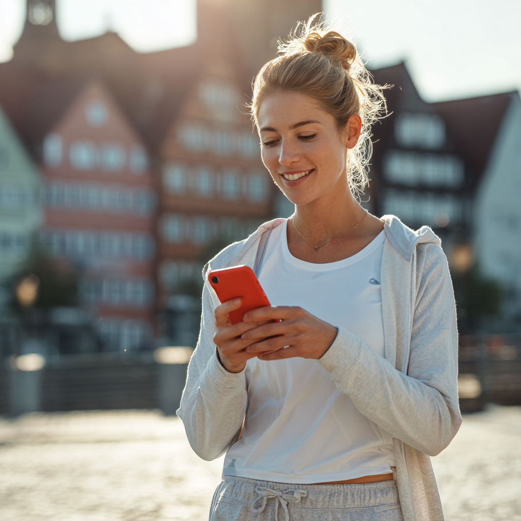 Eine Frau schaut in ein Handy.