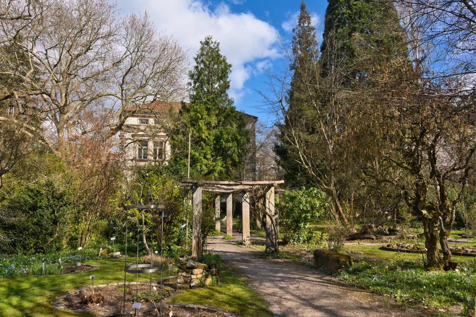 grüne Wiesen und Bäume im Botanischen Garten, ein Weg führt durch einen Torbogen. Im Hintergrund steht ein Gebäude.