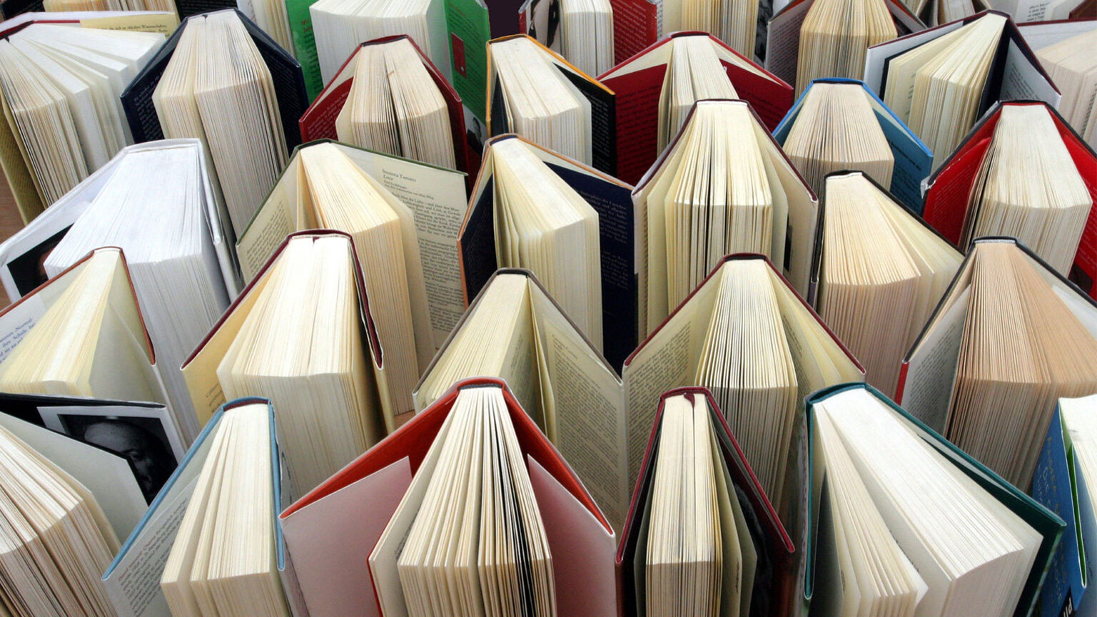 aufgestellte und aufgefächerte Bücher von oben